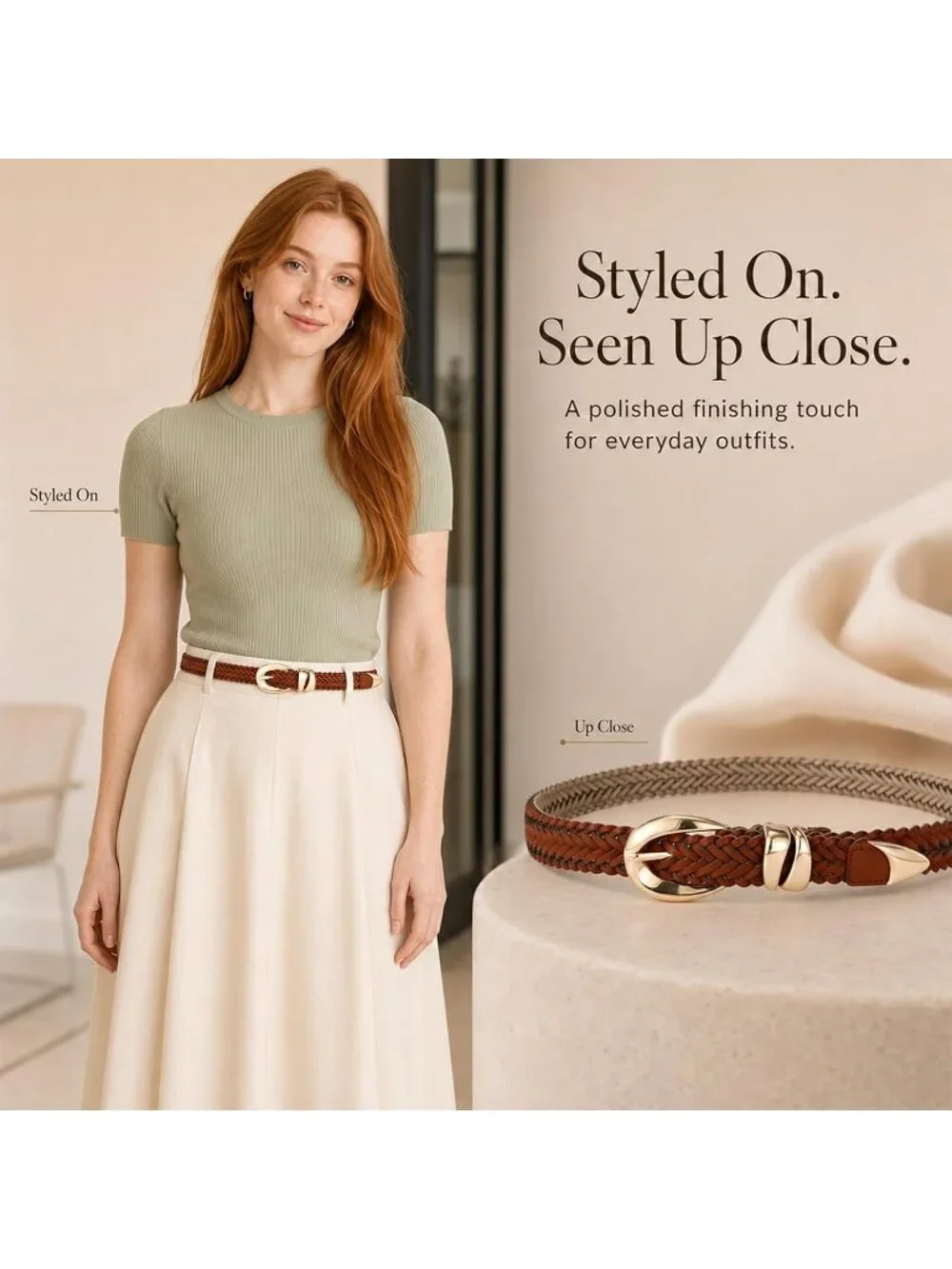 Women's Braided Brown Leather Adjustable Waist Belt For Jeans With Gold Buckle